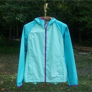 Lands’ End Girl’s Teal Blue Hooded Windbreaker Jacket
